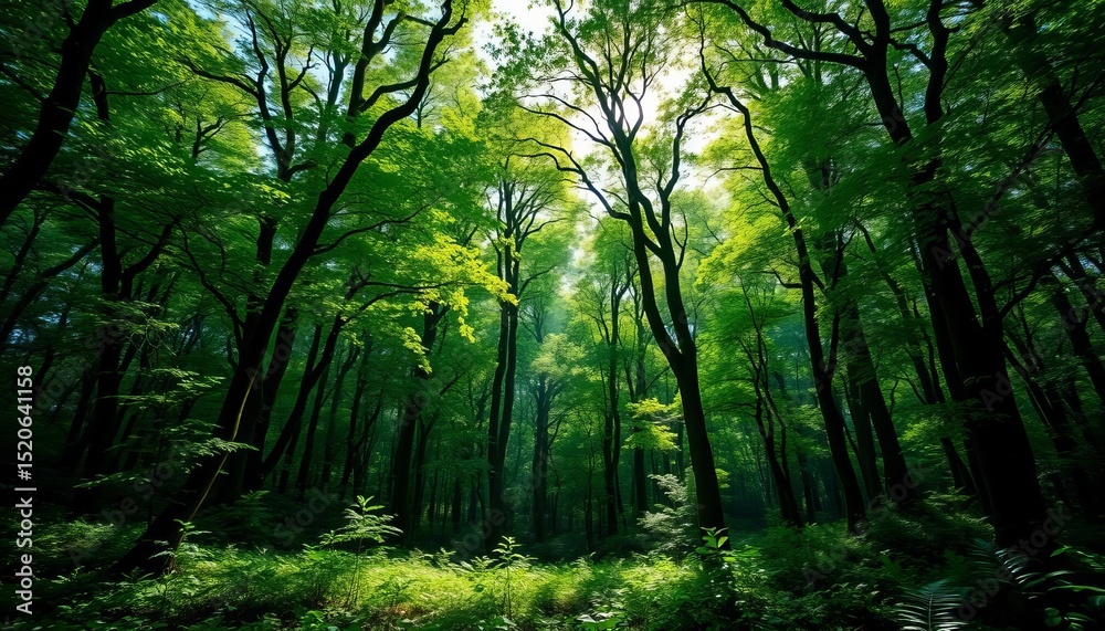 Fototapeta premium Vast emerald canopy, sun-dappled forest floor, image, biodiversity