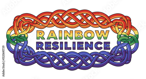 RAINBOW RESILIENCE. Colorful Celtic knot design symbolizing LGBTQ pride and community strength. Interwoven rainbow pattern representing diversity and unity.