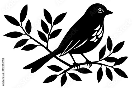 Simple, elegant silhouette of a bird perched on a tree branch against a white vector deign  background. 