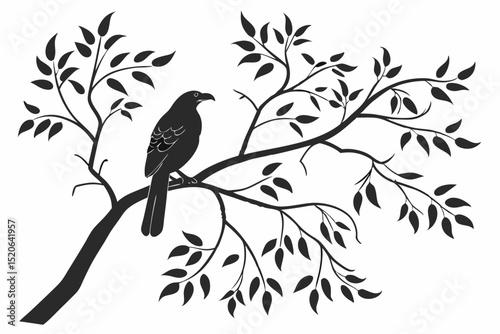 Simple, elegant silhouette of a bird perched on a tree branch against a white vector deign  background. 