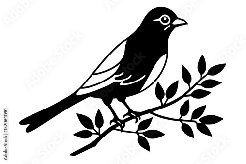Simple, elegant silhouette of a bird perched on a tree branch against a white vector deign  background. 
