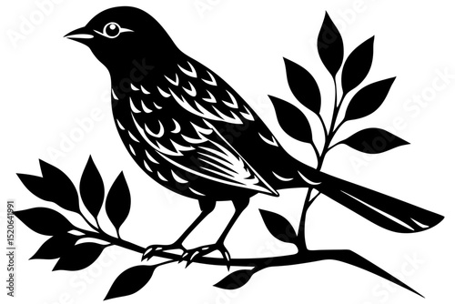 Simple, elegant silhouette of a bird perched on a tree branch against a white vector deign  background. 