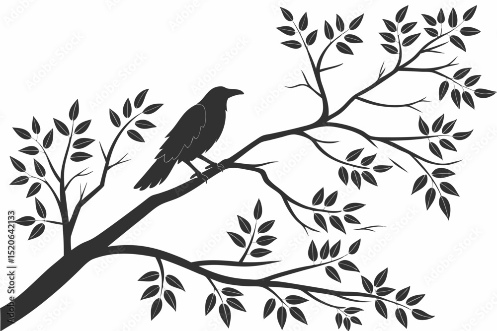 Fototapeta premium Simple, elegant silhouette of a bird perched on a tree branch against a white vector deign background. 