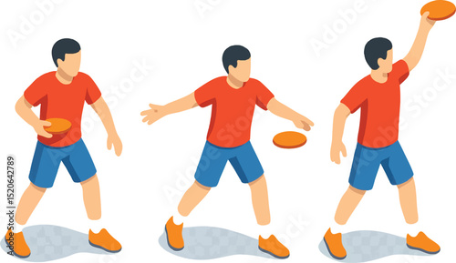 Vector illustration of a boy throwing a frisbee in three stages, representing active movement and sports instruction concept.