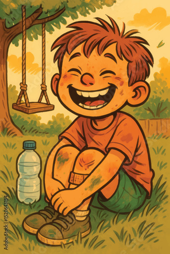 Playful vector cartoon of a laughing boy sitting on grass with scraped knees, bottle and swing nearby in cheerful outdoor scene.