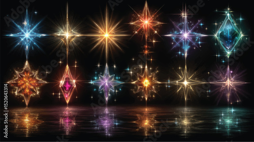 Vector illustration of luminous star shapes in abstract form, glowing with magical radiance on a dark reflective water background.