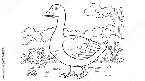 duck cartoon outline for coloring page, vector line art black and white illustration, white background
