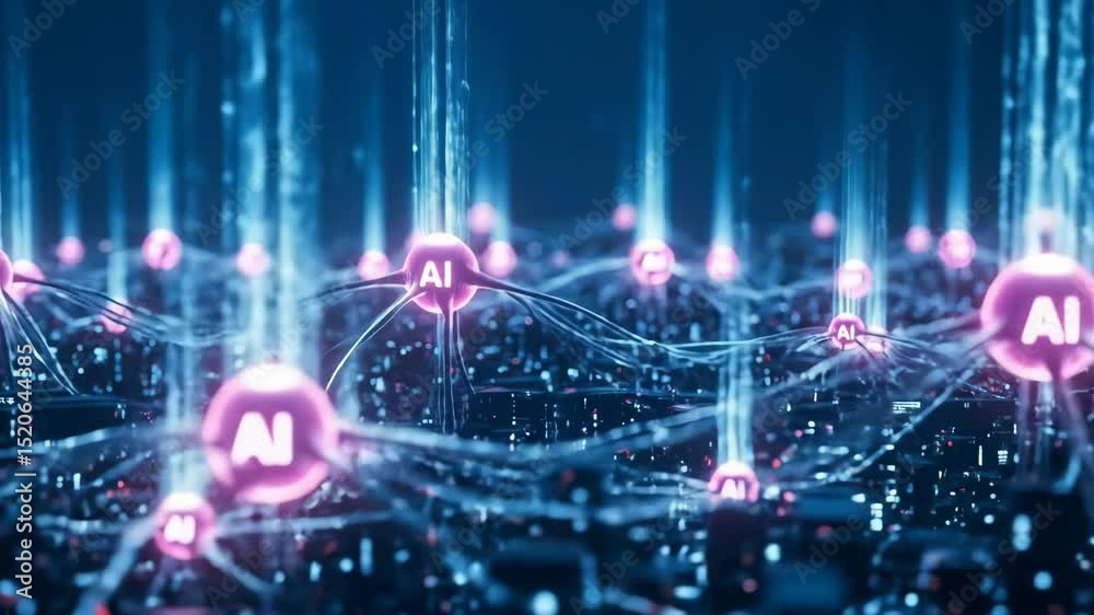 Glowing AI nodes across a city, symbolizing a decentralized artificial intelligence network.
