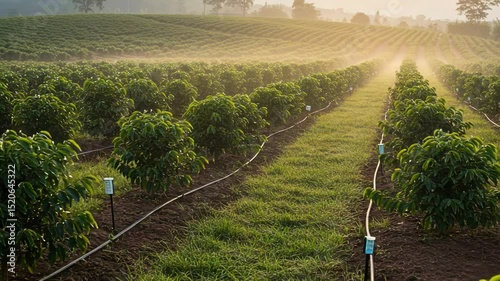 Sunrise over Lush Coffee Plantation Rows