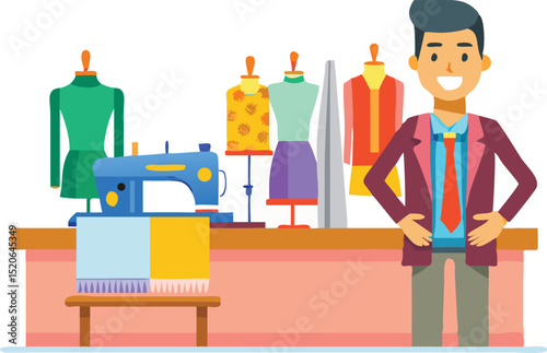 Tailor in Stylish Workshop Surrounded by Sewing Equipment and Mannequins