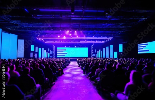 Large group of professionals attending presentation in modern conference hall with blue and purple lighting and led screen displaying logo