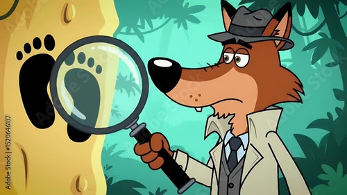 Cartoon detective examining footprint on yellow surface in jungle setting