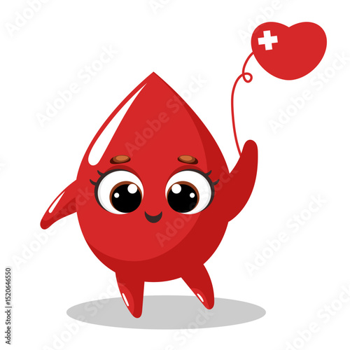 World Blood Donor Day. 14 June. Cute Blood Drop Kawaii Character with Heart Balloon. Vector illustrations on a white background. Blood Donation Concept