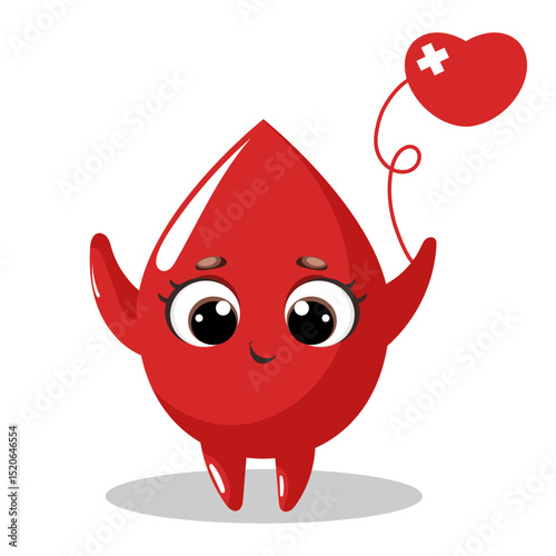 World Blood Donor Day. 14 June. Cute Blood Drop Kawaii Character with Heart Balloon. Vector illustrations on a white background. Blood Donation Concept