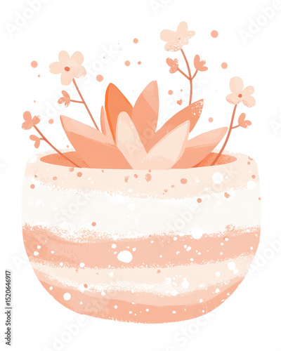 Beautiful illustration of succulent plant decorative pot, featuring soft pastel colors and delicate flowers, creating serene and calming, Isolated cutout on a transparent background