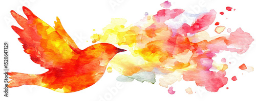 Vibrant watercolor illustration of bird shades of orange and red, surrounded by colorful splashes of paint, evoking sense of freedom, Isolated cutout on a transparent background