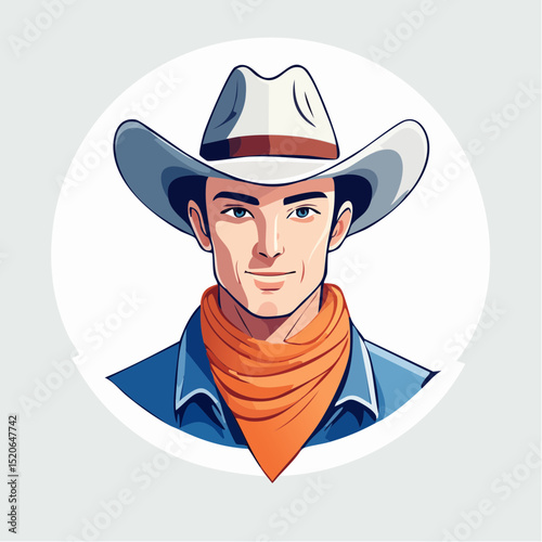 A clean and confident close-up portrait of a rodeo man with a bold gaze and western flair, in minimal vector design.