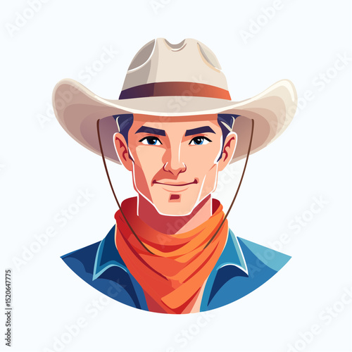 A clean and confident close-up portrait of a rodeo man with a bold gaze and western flair, in minimal vector design.