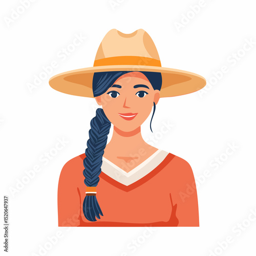 A graceful minimal illustration of a rodeo woman with braided hair and a calm presence, captured in clean vector form.