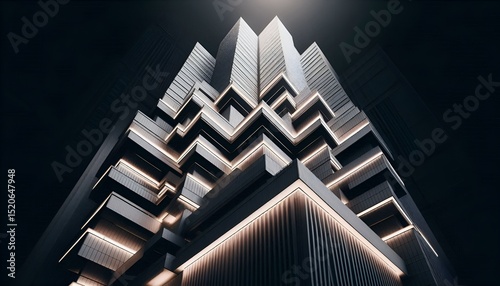 Architectural photo with lighting used to accentuate geometric lines and structure of a modern building facade.