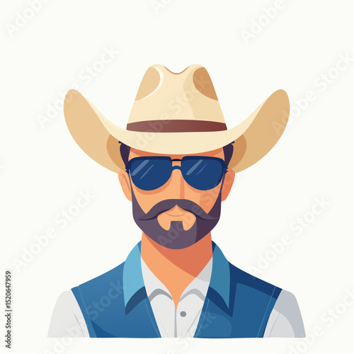 A rugged and stylish minimal portrait of a rodeo man with facial hair and attitude, drawn in clean vector lines.
