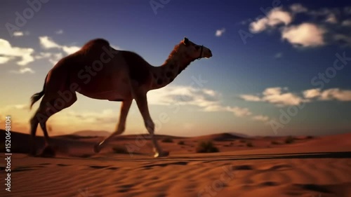 Camel silhouette in desert sunset