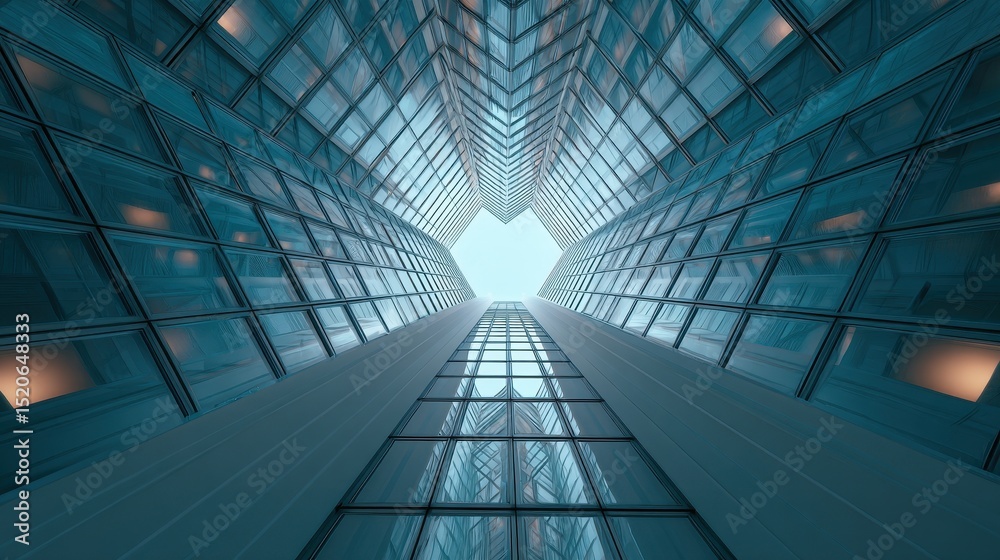 Obraz premium Skyscraper Symmetry: A modern architectural marvel soars skyward, showcasing reflective glass and a captivating perspective.