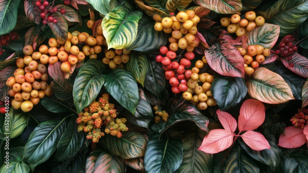 Obraz premium Colorful Berries and Lush Leaves Background