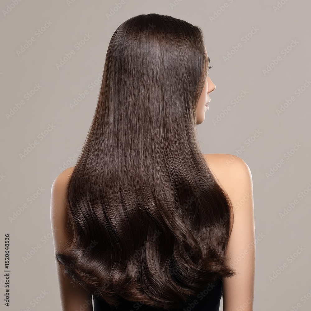 Fototapeta premium Studio photo featuring a model displaying shiny, dark brown hair from the back against a smooth gray background, emphasizing elegance and beauty