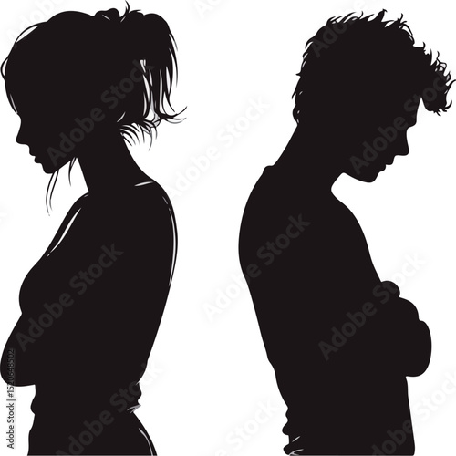 Silhouettes of a young woman and man facing away from each other, conveying distance.