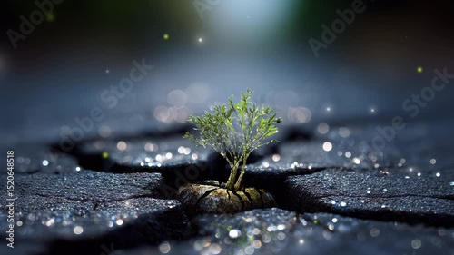A cracked seed sprouting in the middle of asphalt, symbolizing life insisting on growing.