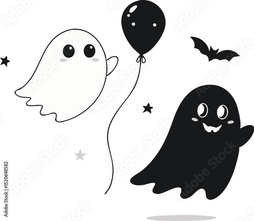 Two playful, cute ghost characters with a balloon and a bat are having fun.