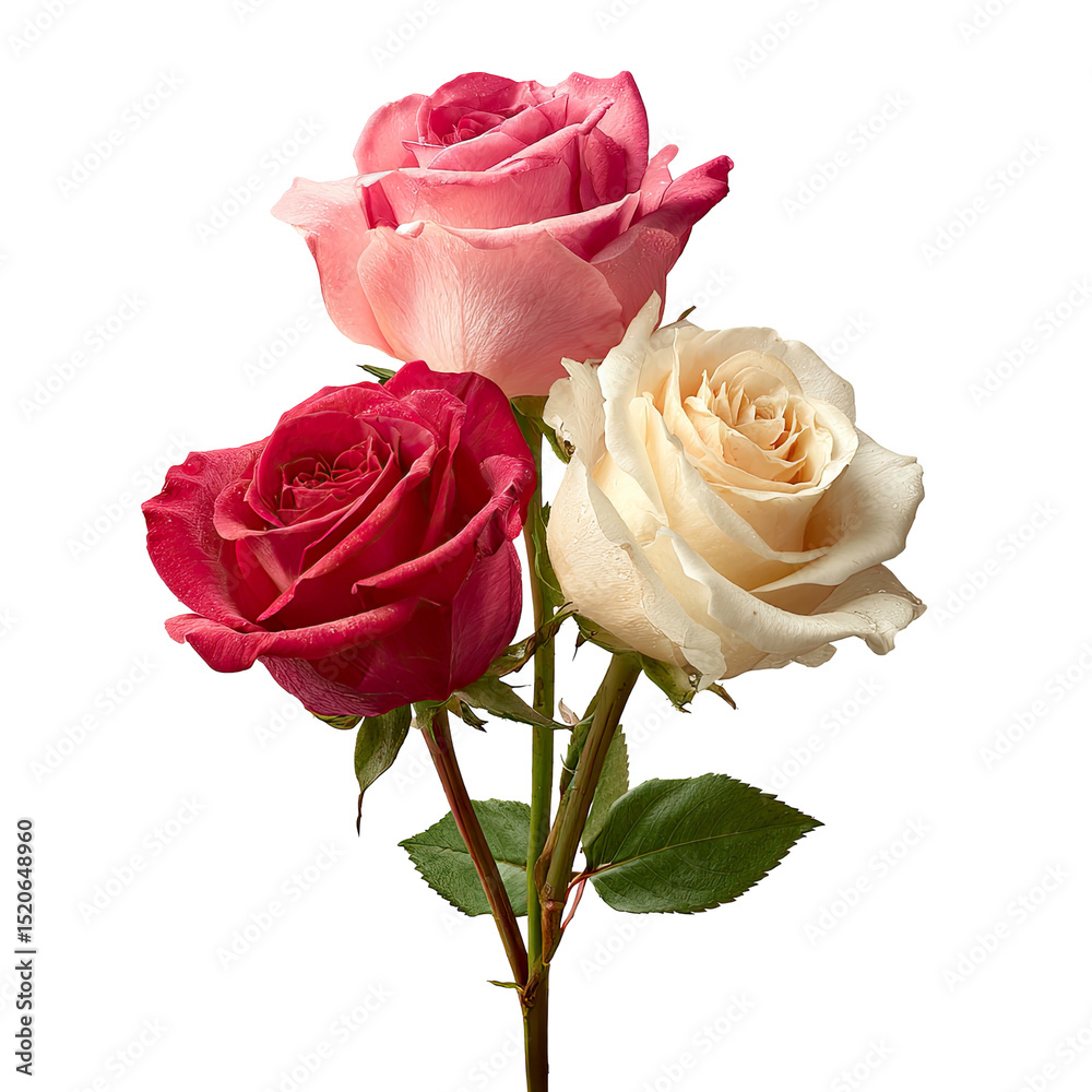 Naklejka premium Three Roses in Pink Red and White on transparent background beautiful roses pink