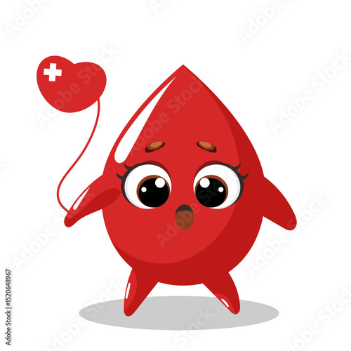 World Blood Donor Day. 14 June. Cute Blood Drop Kawaii Character with Heart Balloon. Vector illustrations on a white background. Blood Donation Concept