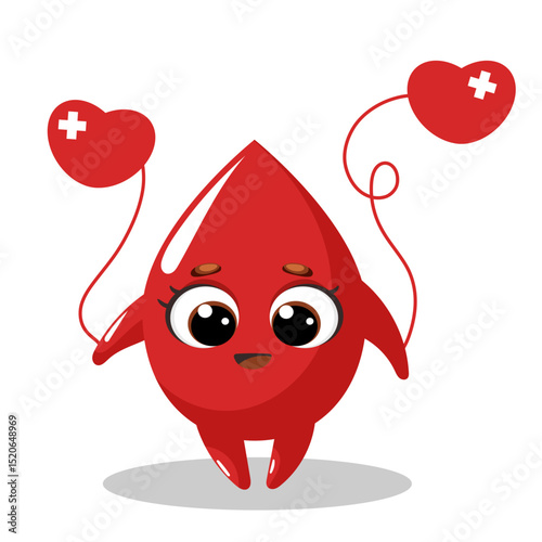 World Blood Donor Day. 14 June. Cute Blood Drop Kawaii Character with Heart Balloon. Vector illustrations on a white background. Blood Donation Concept