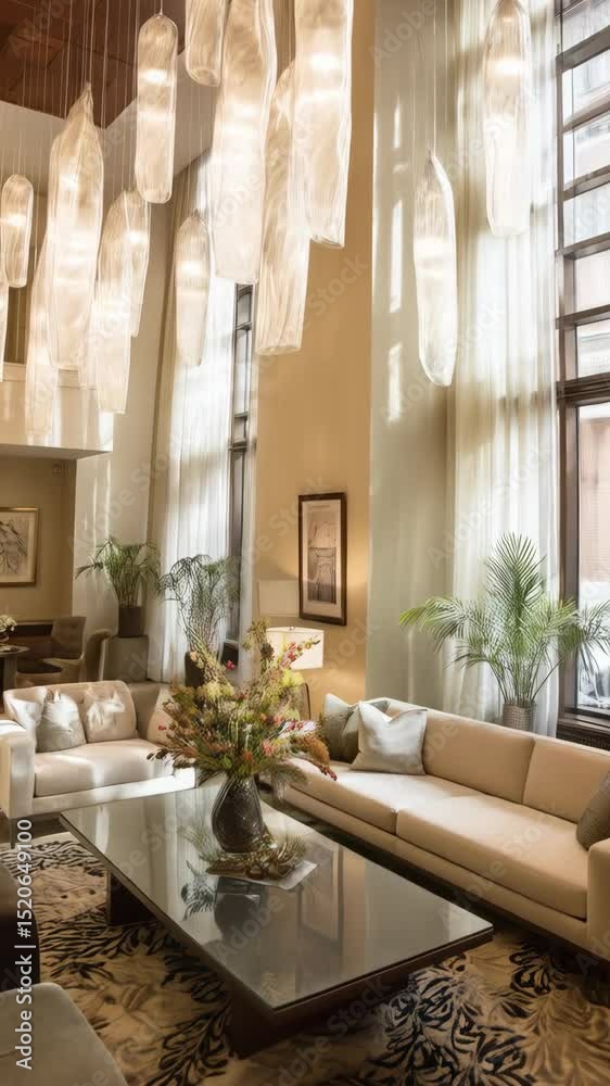 Elegant hotel lobby area with sofas, modern glass chandeliers, large windows, and floral patterned rug, creating a sophisticated atmosphere Elegant hotel lobby area with sofas, modern glass chandeliers, large windows, and floral patterned rug, creating a sophisticated atmosphere