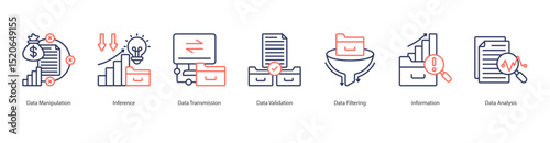 Data Manipulation banner web icon set vector illustration concept with icon of data manipulation, inference, data transmission, data validation, data filtering, information, data analysis