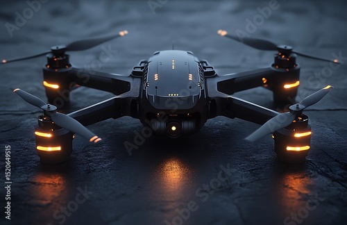 black drone mockup with illuminated rotors on textured surface

