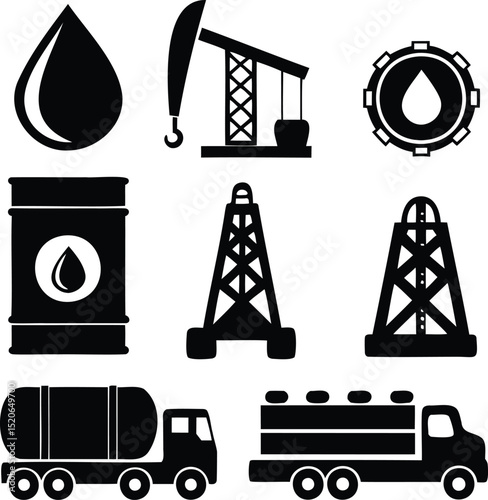 Silhouette vector icon set of oil and gas industry elements including barrels, rigs, trucks, pipelines, and fuel drops, perfect for energy, drilling, petroleum, and industrial production design illust