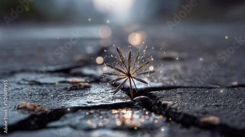 A cracked seed sprouting in the middle of asphalt, symbolizing life insisting on growing.