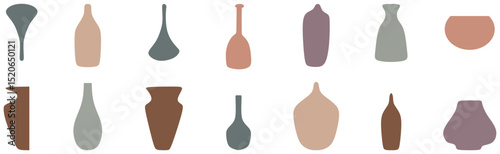 Vector handdrawn textured trendy artistic clay pots, vases, jugs, jars. Wall art creation collection. Neutral colors design elements, pottery logo illustrations. Vintage ceramic bottle creativity set