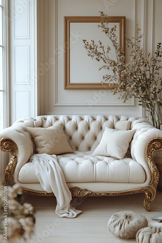 Cream tufted sofa mockup with gold accents in elegant interior

