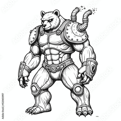 Black and White Line Art Illustration of a Powerful Steampunk Bear with Gears and Mechanical Enhancements ? Flux Dev Design (4) [Converted].eps