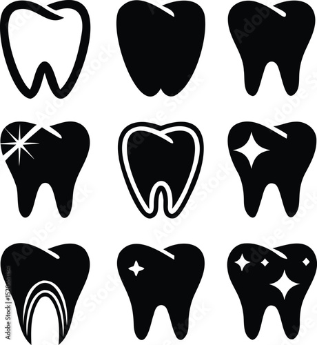 Silhouette vector icon set of teeth illustrations including healthy teeth, sparkles, and enamel outlines, perfect for dental care, oral hygiene, medical visuals, orthodontics, and health education des
