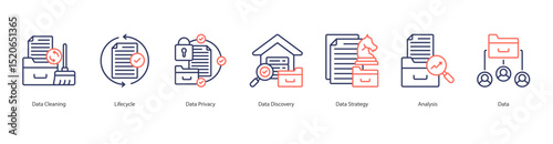 Data Strategy banner web icon set vector illustration concept with icon of data cleaning, lifecycle, data privacy, data discovery, data strategy, analysis, data
