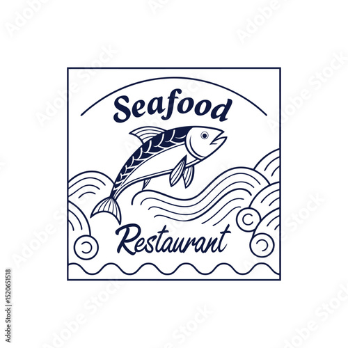 seafood restaurant logo with a minimalist line art of a fish and waves