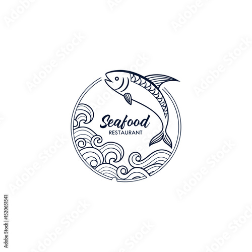seafood restaurant logo with a minimalist line art of a fish and waves
