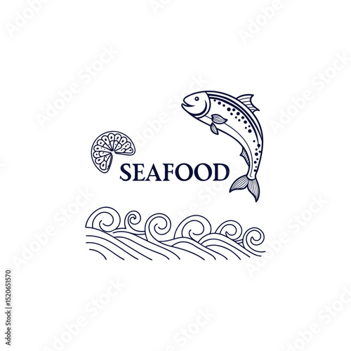 seafood restaurant logo with a minimalist line art of a fish and waves