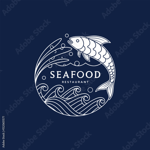 seafood restaurant logo with a minimalist line art of a fish and waves