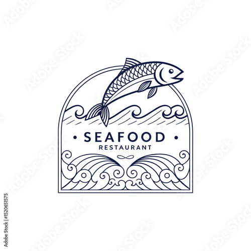 seafood restaurant logo with a minimalist line art of a fish and waves